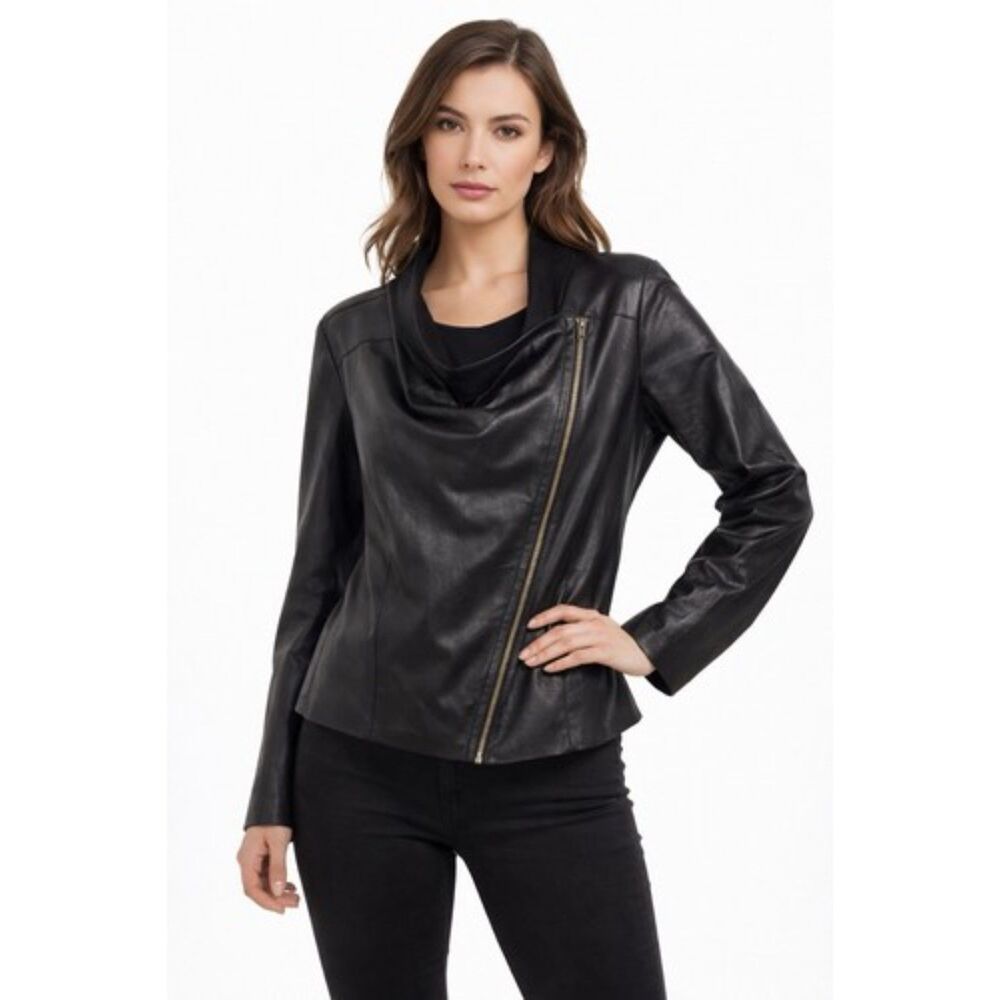 Mote Jacket Womens Sz XL Black Asymmetrical Zip Drape Lightweight Soft Moto